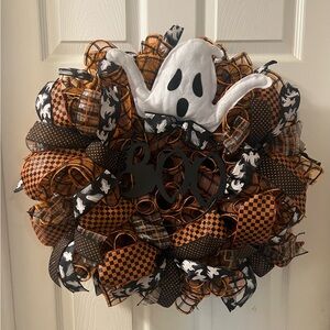 Halloween theme, ribbon, and mesh ghost wreath